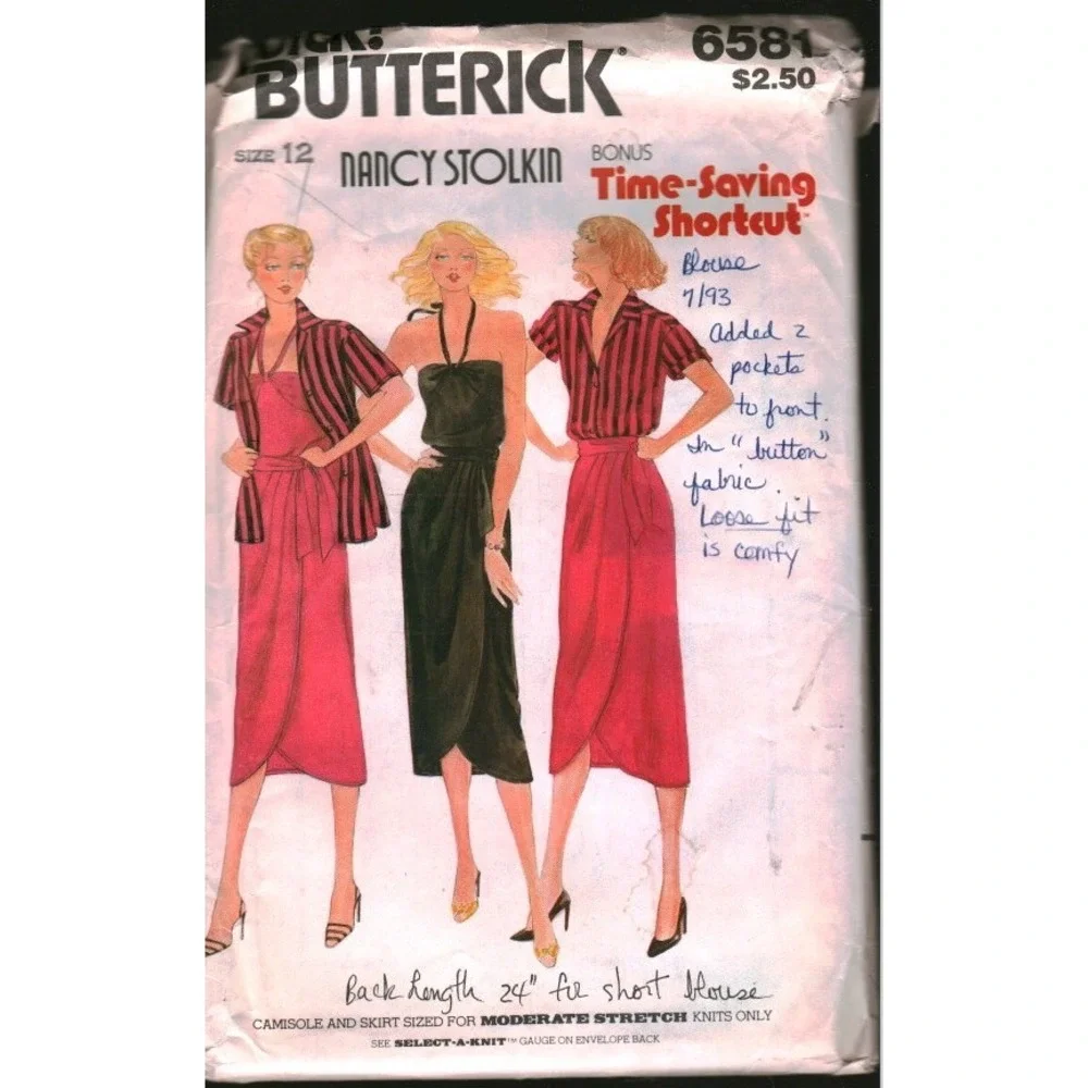 Vintage Butterick 6581 Nancy Stolkin Shirt Camisole Wrap Skirt Pattern Size 12